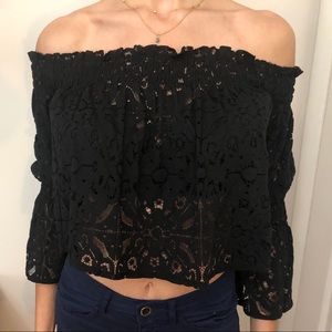 ZARA - Black lace crop top w/ bell sleeves